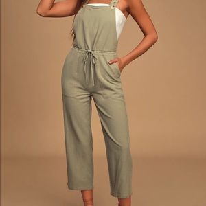 Lulus Verona Sage Green drawstring wide leg jumpsuit